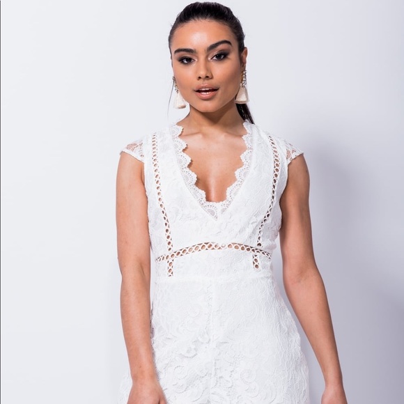 Lace V Neck Playsuit Romper, Color: White - Picture 3 of 8